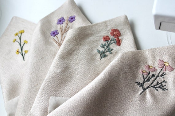 Embroidered Floral Pocket Square | Ivory Satin Linen |  Multiple Options | Weddings | Groomsmen Attire