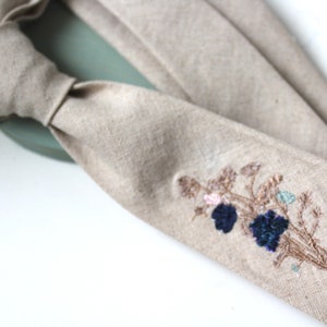 Wheat Linen Necktie with Meadow Floral Embroidery-Choose your Own Floral Colours image 2