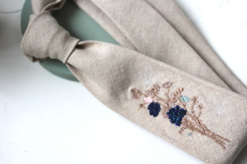 Wheat Linen Necktie with Meadow Floral Embroidery-Choose your Own Floral Colours image 2