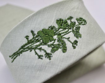 Moss Mint Leinen-Krawatte mit Blumenstickerei