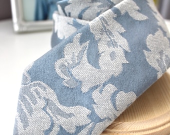 Dusty Blue Tone on Tone Art Deco Floral Necktie