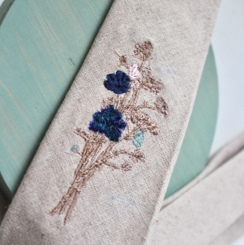 Wheat Linen Necktie with Meadow Floral Embroidery-Choose your Own Floral Colours image 1