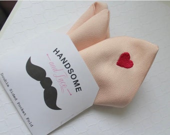 Embroidered Heart Pink Blush Pocket Square