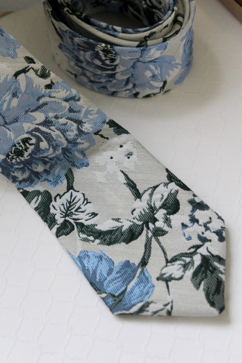 Dusty Blue and Gray Floral Jacquard Neck Tie image 5