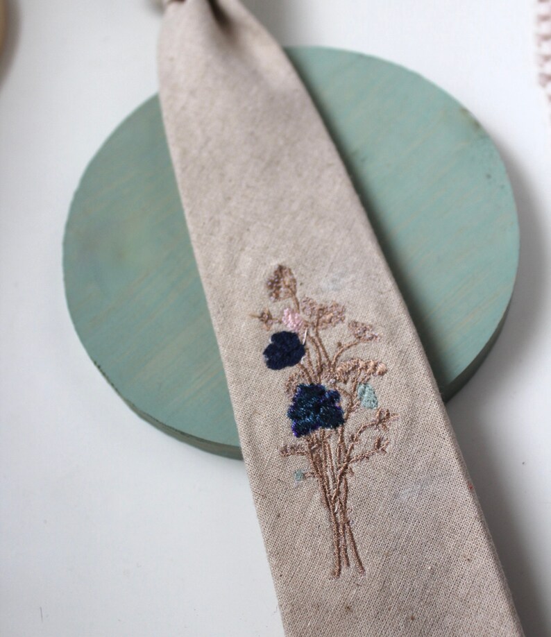 Wheat Linen Necktie with Meadow Floral Embroidery-Choose your Own Floral Colours image 10