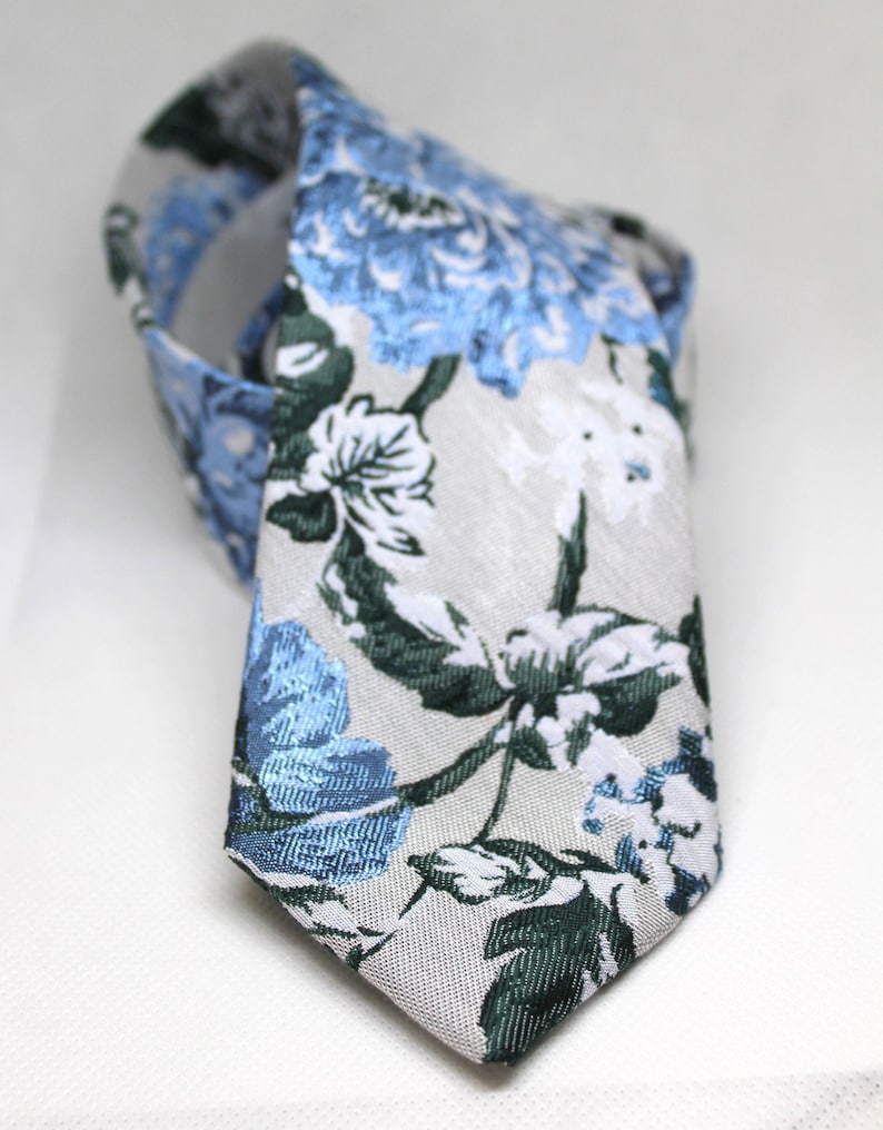 Dusty Blue and Gray Floral Jacquard Neck Tie image 9