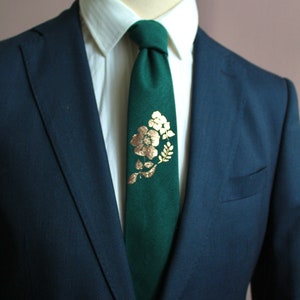 Green Raw Silk Neck Tie with Gold Foil Floral