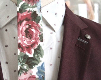 Ivory, Sage, Blue, and Dusty Rose Floral Necktie