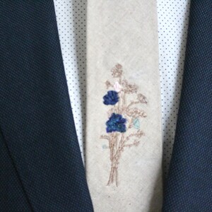 Wheat Linen Necktie with Meadow Floral Embroidery-Choose your Own Floral Colours image 9