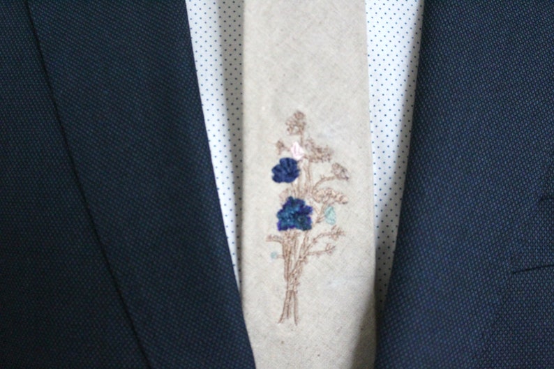 Wheat Linen Necktie with Meadow Floral Embroidery-Choose your Own Floral Colours image 9