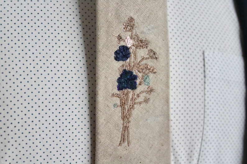 Wheat Linen Necktie with Meadow Floral Embroidery-Choose your Own Floral Colours image 6