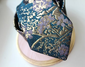 Teal, Gold, Black and Lavender Clay Floral Jacquard Necktie