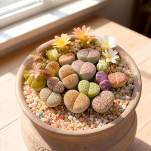 May include: A ceramic pot filled with colorful living stone succulents and small, decorative flowers. The succulents display a variety of colors, including green, tan, and pink. The pot sits on a wooden surface near a window.
