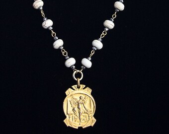 Art Nouveau Medal with Howlite and Silvered Glass Necklace