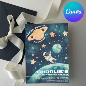 Invitación de primer cumpleaños con temática de astronauta: Fiesta espacial (plantilla digital)