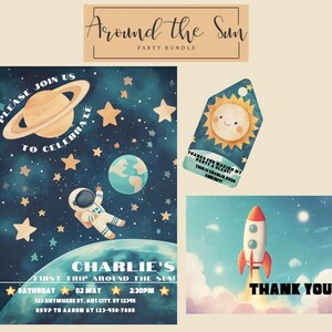 Around the Sun First Birthday Party Invitation Bundle, Space Themed Kids Party, Astronaut Birthday Party Invite, Thank You Card, Gift Tag