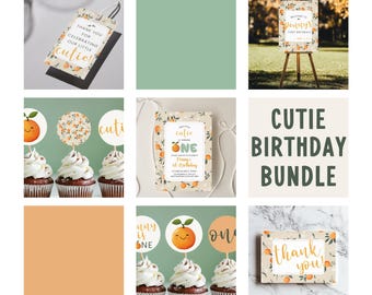 May include: A collage of party supplies with an orange theme. Includes a welcome sign, cupcake toppers, gift tags, and invitations. The text includes "Cutie Birthday Bundle", "Thank you", and "Jenny's 1st Birthday". The color palette is cream, orange, and green.