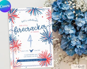 4th of July Birthday Invitation, Firecracker Theme (Editable Template, Instant Download)