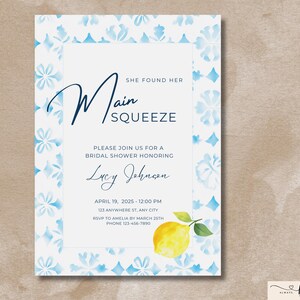 Main Squeeze Bridal Shower Invitation, Lemon Bridal Shower Citrus Bridal Shower Invitation, Blue Mediterranean Lemon Theme,Digital Template