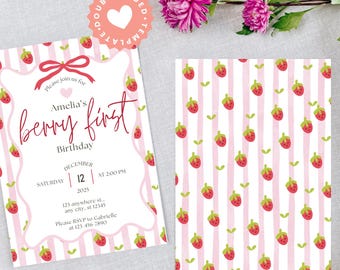 May include: A double-sided invitation with a pink and white striped background and strawberry illustrations. The invitation text reads "Amelia's berry first Birthday" with event details. A matching patterned card is also shown.