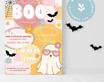 Peut inclure: Une invitation d'anniversaire sur le thème d'Halloween avec un design rétro. L'invitation présente un fantôme portant des lunettes de soleil, des chauves-souris, des fleurs et le texte "this little BOO is turning two". L'invitation comprend la date, l'heure et les informations RSVP.
