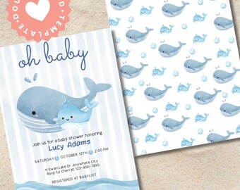 Op de afbeelding: Een dubbelzijdige babyborrel uitnodigingssjabloon met een aquarelontwerp. Eén kant heeft een blauwe walvisillustratie met de tekst "oh baby" en evenementdetails. De andere kant heeft een patroon van walvissen en bellen.