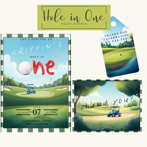 Hole in One-Geburtstagsfeier-Einladung Bundle, Golf erste Geburtstagsfeier-Einladung, Sport unter dem Motto Kinderparty, Dankeskarte, Geschenkanhänger Favor