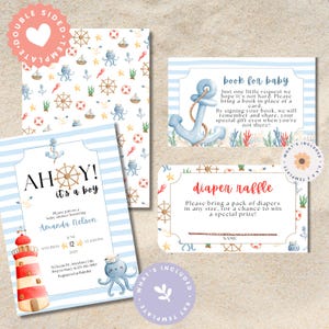 Ahoy It's a Boy Baby Shower Invitation Nautical Theme – Diaper Raffle & Book for Baby Card – Seagull Octopus Anchor Boat Printable Invite