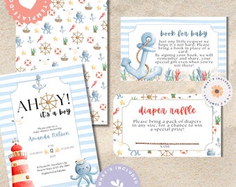 May include: A baby shower invitation set with a nautical theme. The set includes an invitation with a lighthouse, a diaper raffle card, a book request card, and patterned cards with anchors, octopuses, and ship wheels. The invitation reads "Ahoy! It's a boy."