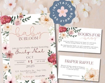 Pink Floral Baby Shower Invitation Set: Baby in Bloom Theme (Digital Download