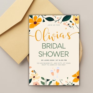Invito per addio al nubilato floreale arancione, invito per brunch nuziale Mimosa, modello digitale per tea party estivo, biglietto con motivo floreale colorato
