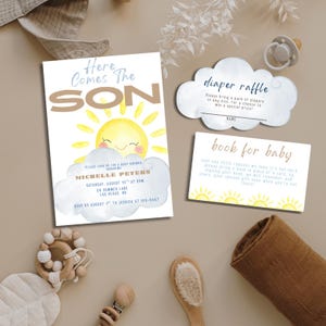 Here Comes the Son Baby Shower Invitation Bundle, Watercolor Baby Boy Invite, Sun Baby Shower Template, Printable Boho Baby Shower