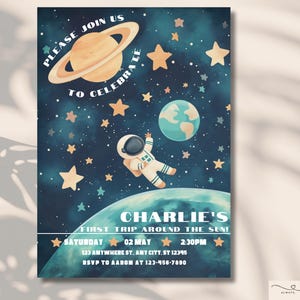 Around the Sun First Birthday Party Invitation, Space Themed Kids Party, Astronaut Birthday Party Invite, Rocket Ship Digital Template