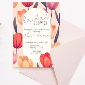 Red and Pink Retro Tulip Bridal Shower Invitation, Floral Theme Party Invite, Elegant Feminine Wedding Shower Card, Customizable Template