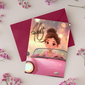 Cartão de aniversário de 16 anos editável, cartão de aniversário personalizável para adolescentes, cartão de felicitações conversível rosa, download instantâneo do Canva