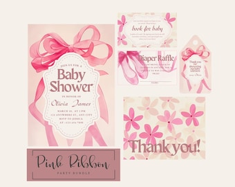 Pacchetto di inviti per baby shower con nastro rosa (download digitale)