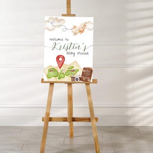 Little Explorer Baby Shower Welcome Sign – Airplane & Map Theme – Adventure Awaits Party Decor – Printable Travel Baby Shower Sign