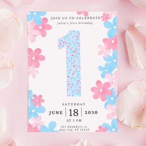 Blue and Pink Floral First Birthday Party Invitation, Feminine Floral First Birthday Party Invite for Girls, Custom Digital Template Invite