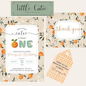 Invitación para fiesta de cumpleaños de Little Cutie, naranja, clementina, primer cumpleaños para niña, melocotón, tarjeta de agradecimiento, etiqueta de regalo, recuerdo de fiesta