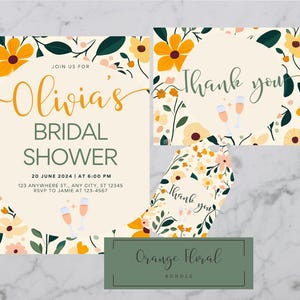 Orange Floral Bridal Shower Invitation, Mimosa Brunch Wedding Shower, Summer Tea Party Digital Template, Thank You Card, Gift Tag Favor