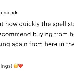 May include: A customer review with a 5-star rating and the text "Recommends." The review, dated September 20, 2025, expresses satisfaction with a spell's effectiveness and recommends the seller. A response from Sally is also included.