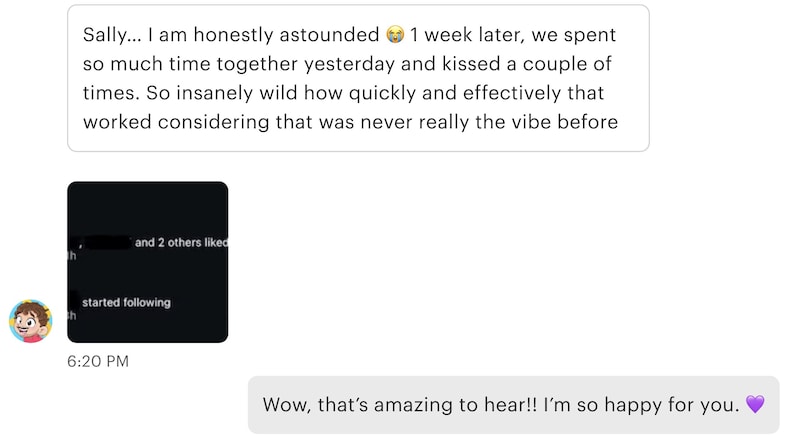 May include: A screenshot of a text message conversation. The text includes a message from "Sally" and a response. The image also shows a profile picture and a notification that someone started following.
