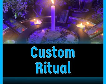 May include: A lit white candle stands in the center of a ritual setup, surrounded by tarot cards, small candles, and herbs. The words "Custom Ritual" are displayed in a blue font against a black background.