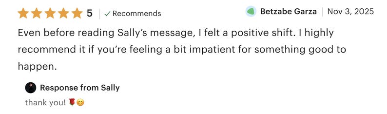 May include: A customer review with a 5-star rating and a recommendation. The review text mentions a positive shift and recommends the product. The response from Sally includes a thank you message with a rose and smiling face emoji.
