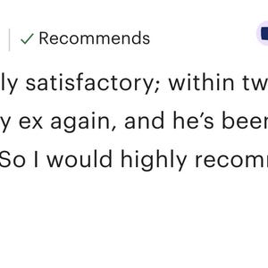 May include: A customer review with a 5-star rating and the text "This item recommends." The review, dated November 9, 2025, praises the service, mentioning seeing an ex again. A response from Sally says "thank you, blessings!"
