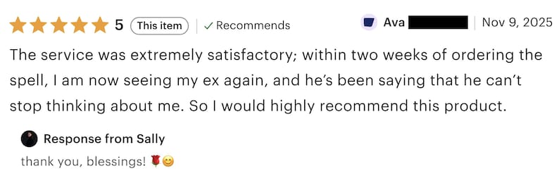 May include: A customer review with a 5-star rating and the text "This item recommends." The review, dated November 9, 2025, praises the service, mentioning seeing an ex again. A response from Sally says "thank you, blessings!"