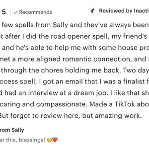 May include: A customer review with a 5-star rating and the text "Recommends." The review praises Sally's spells, mentioning positive outcomes in career, relationships, and home projects. The review was posted on October 14, 2025.