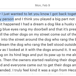 May include: A screenshot of a text message dated Monday, February 9th. The message begins with "Hi Sally I just wanted to let you know I got back together with my person..." and describes a dream about a dog.