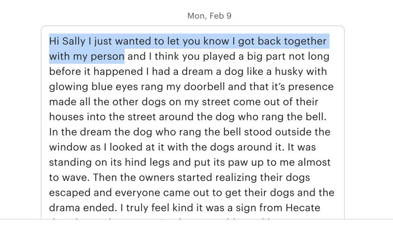 May include: A screenshot of a text message dated Monday, February 9th. The message begins with "Hi Sally I just wanted to let you know I got back together with my person..." and describes a dream about a dog.
