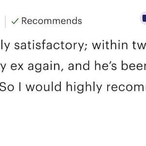 May include: A customer review with a five-star rating and a recommendation. The review, dated November 9, 2025, praises the service, mentioning positive outcomes. A response from Sally expresses gratitude. The image includes the text "This item" and a checkmark.